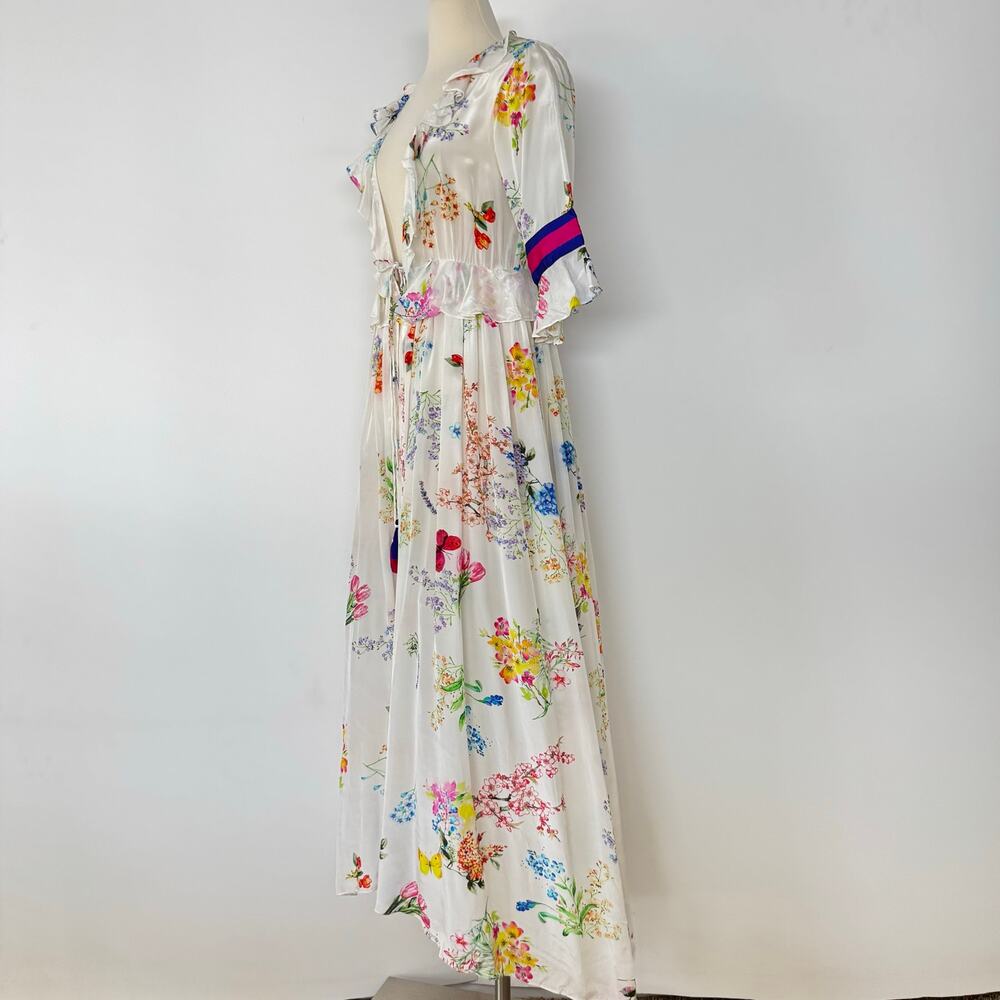 Rococo Sand Satin Kimono Coverup Tiered Ruffle Maxi Open-Front Duster Topper S - Picture 6 of 13